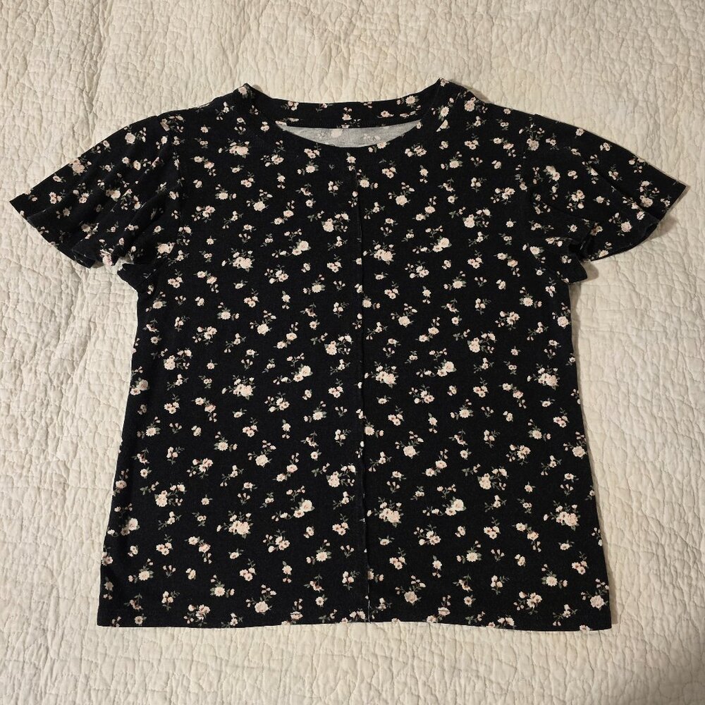 Art Class Black Floral Shirt Flutter Sleeve Teens Large Womens Size XS Soft Girl